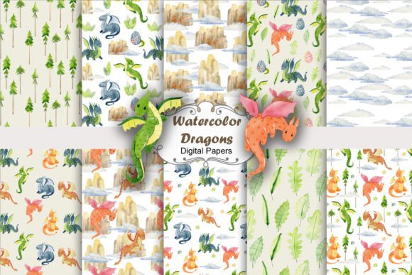 Watercolor Dragons, Seamless Patterns